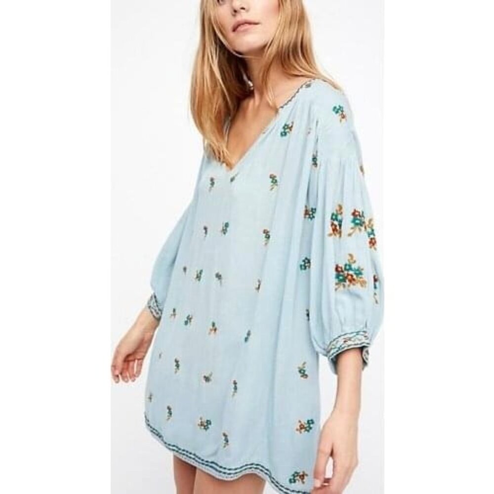 Free People V-Neck Embroidered Mini Dress Blue Boho